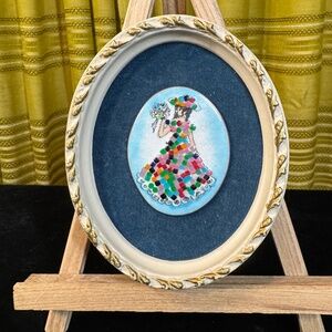 Vintage 70s enamel on copper, Lady with mosaic dress, velvet background, framed